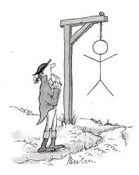 A stick figure on a gallows, observed by a U.S. Revolutionary War-era soldier